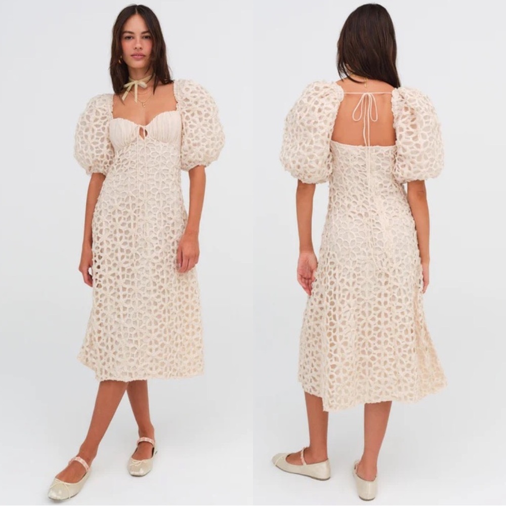 NWT For Love & Lemons Brooke Midi Dress Cream Puff Sleeve Wedding Tie Bow A Line